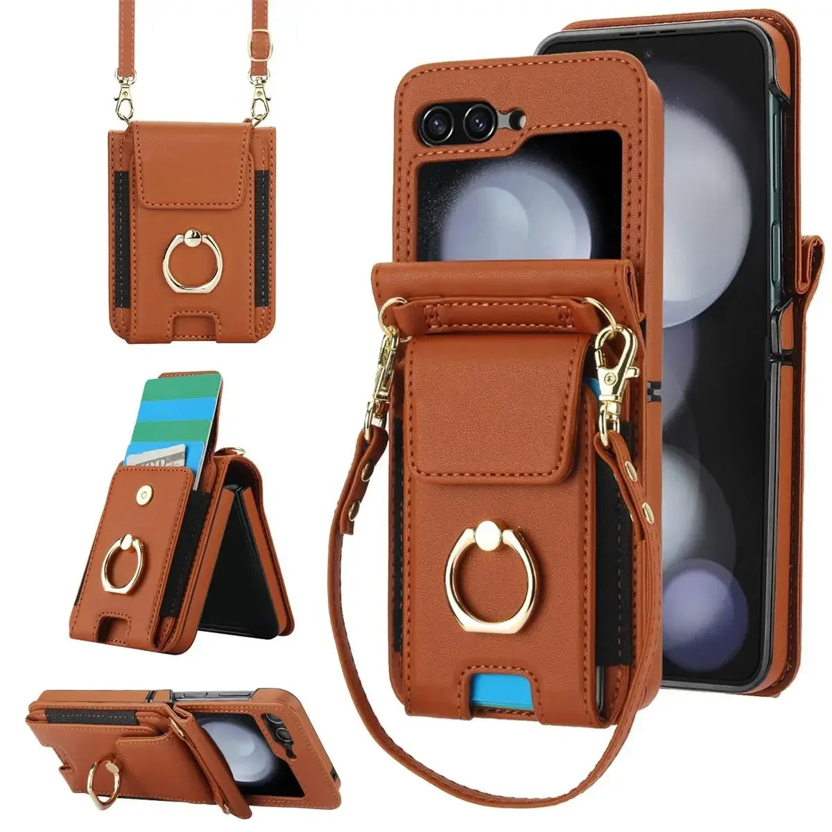 Deluxe Crossbody Lanyard Leather Flip Wallet Case for Samsung Galaxy Z Flip 6 5 4 3 Models Ring Bracket Shockproof Protective Shell Card Holder Phone Cover Bag