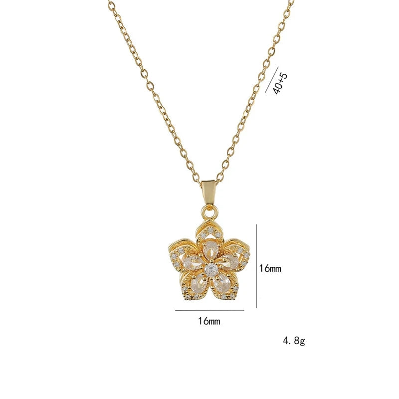 Charming Rotating Flower Pendant Stainless Steel Necklace for Women Girls Gold Color Shiny Zircon Charm Jewelry