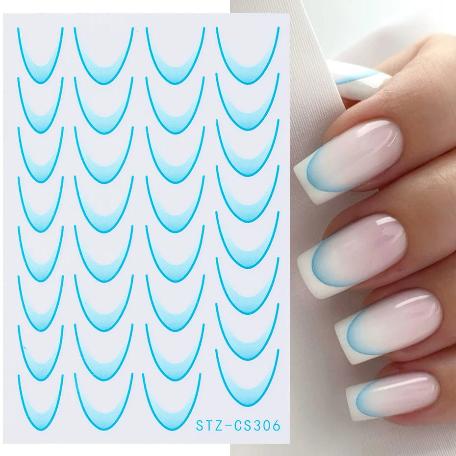 French Manicure Self-Adhesive Nail Stickers Gradient Stripe Lines Sliders Ombre Designs Nail Art Decals DIY Decoration 6 Cards