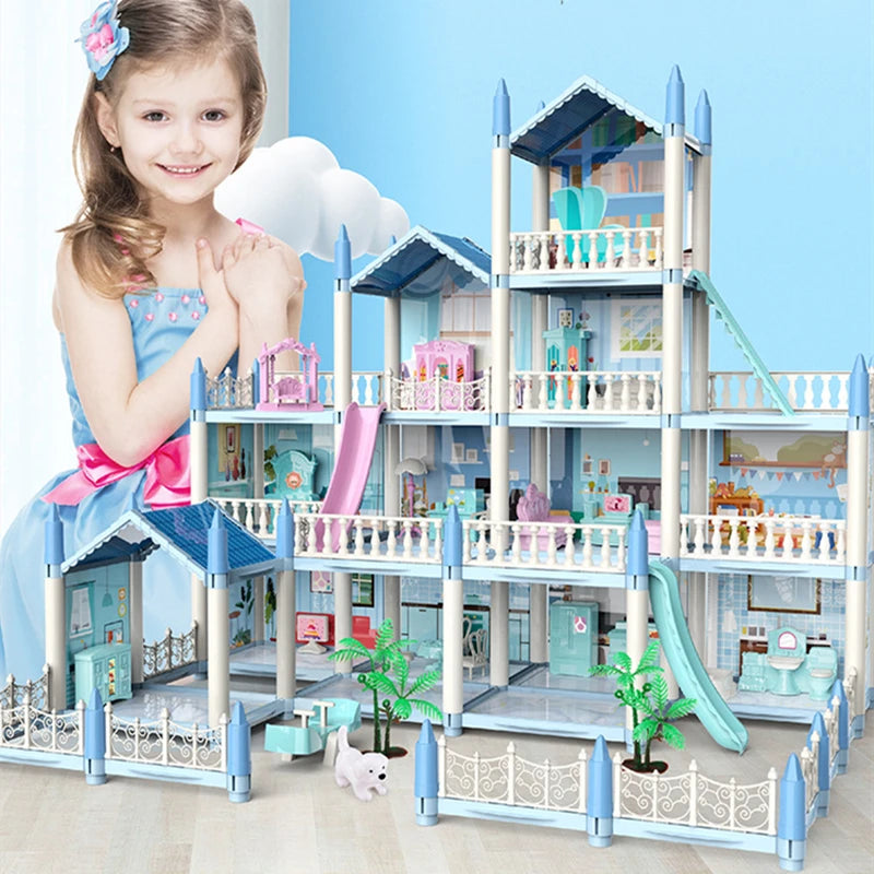 Beautiful Miniature Model Doll House Princess Castle with LED Lights Accessories Girl Birthday Gift Toy Villa House 3D Assembly DIY
