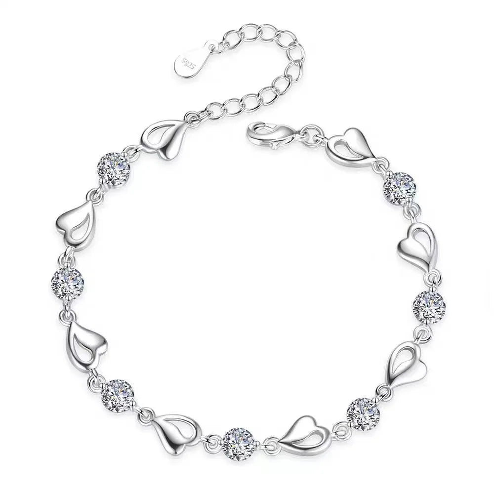 Elegant Crystal Heart 925 Sterling Silver Bracelets for Women Fine Charm Jewelry Accessories