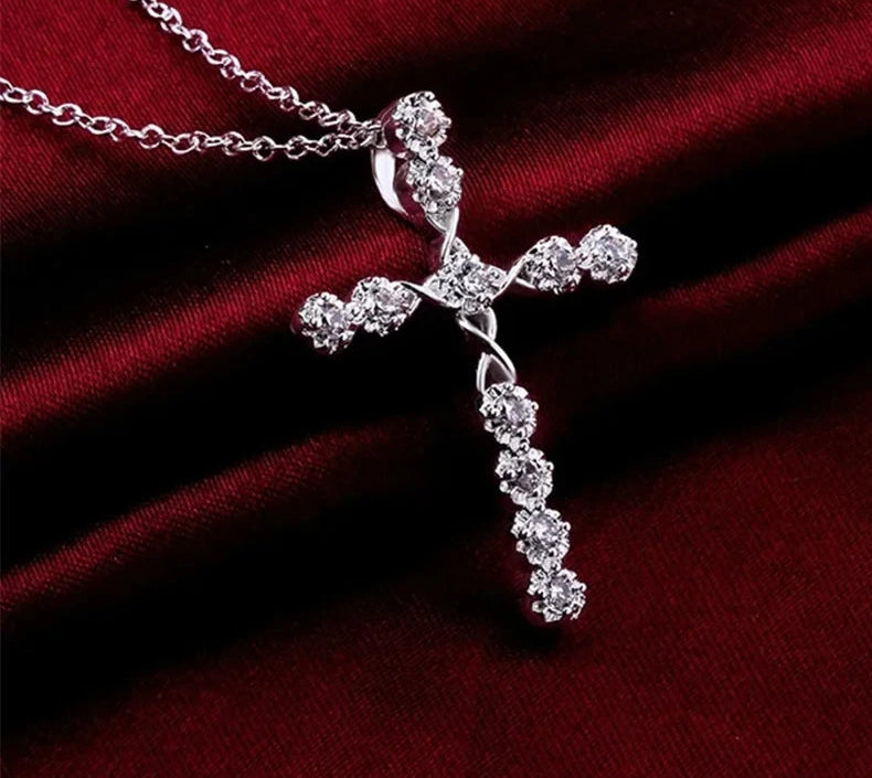 Luxurious Crystal Cross 925 Sterling Silver Necklace for Women Noble Charm Fashion Jewelry