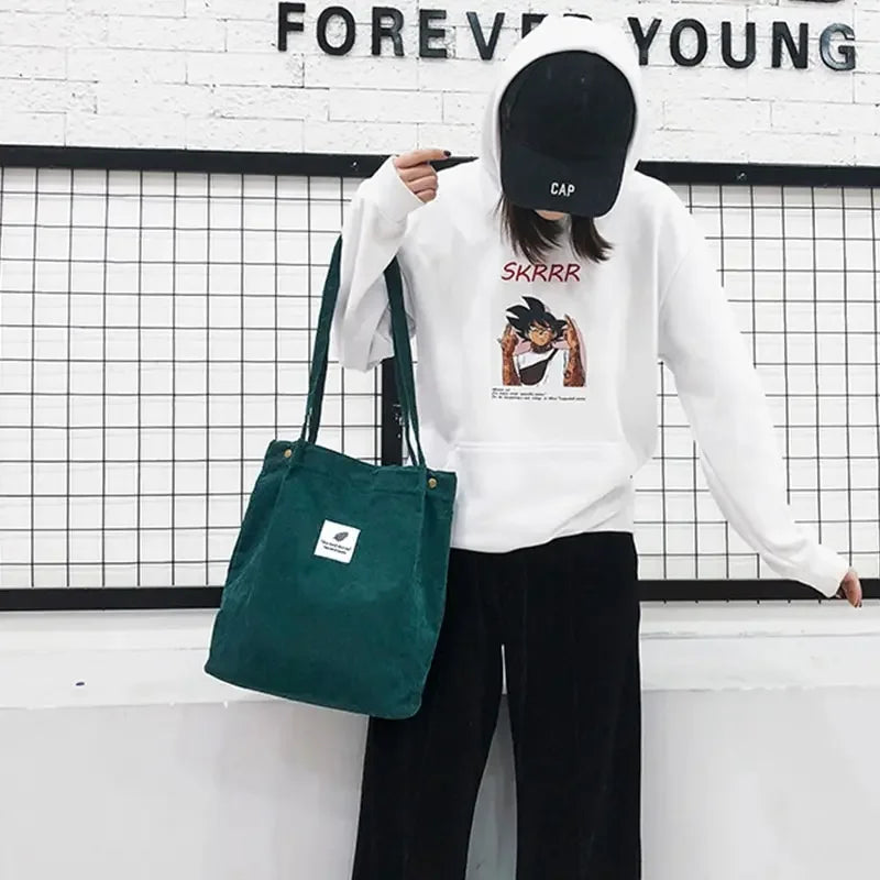 High Quality Casual Foldable Corduroy Handbag Eco Friendly Reusable Lightweight Shopping Shoulder Bags
