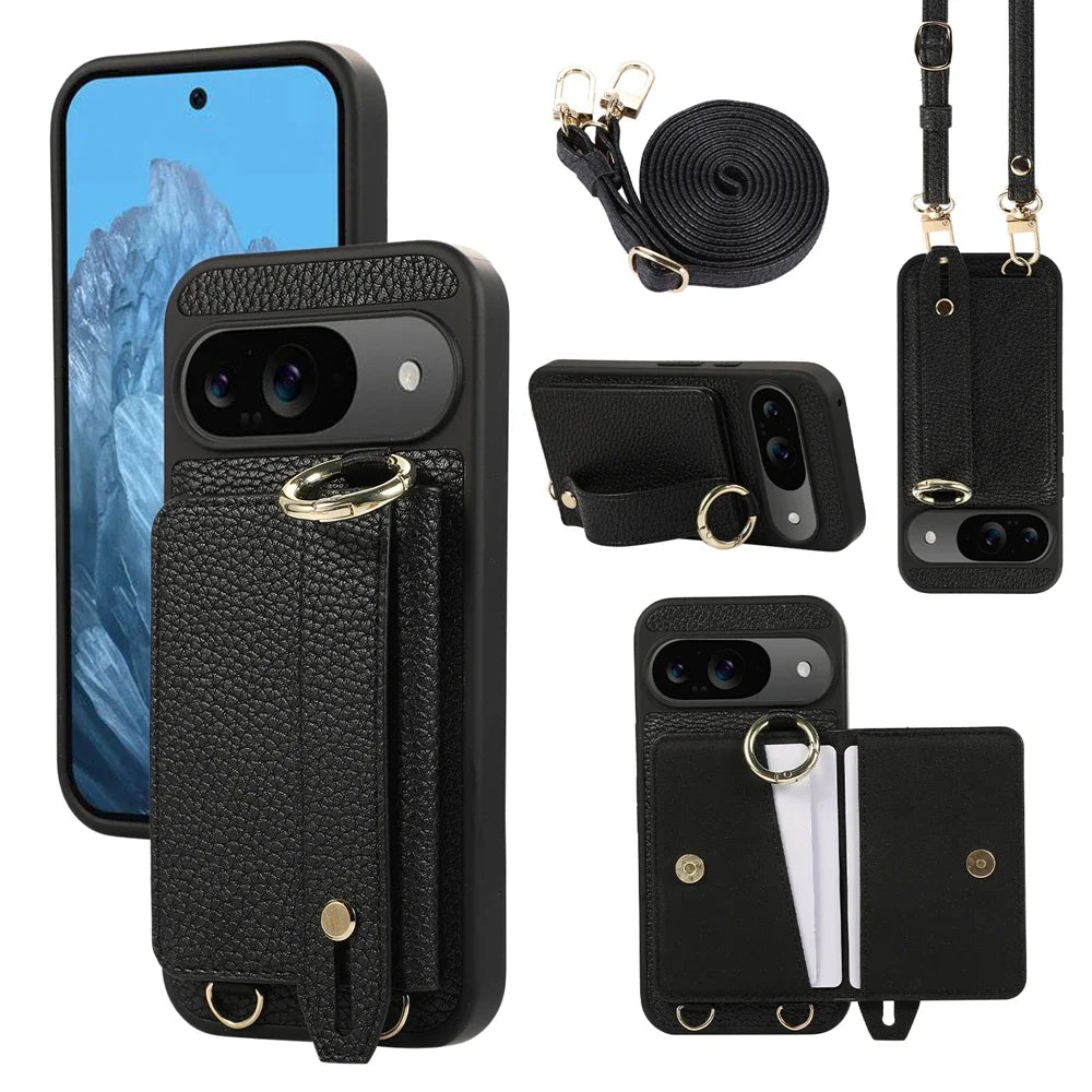 Exquisite Crossbody Leather Wallet Case for Google Pixel 9 8 Pro 8a 7a Models Ring Holder with Wrist Strap Shockproof Phone Case Cover Shell