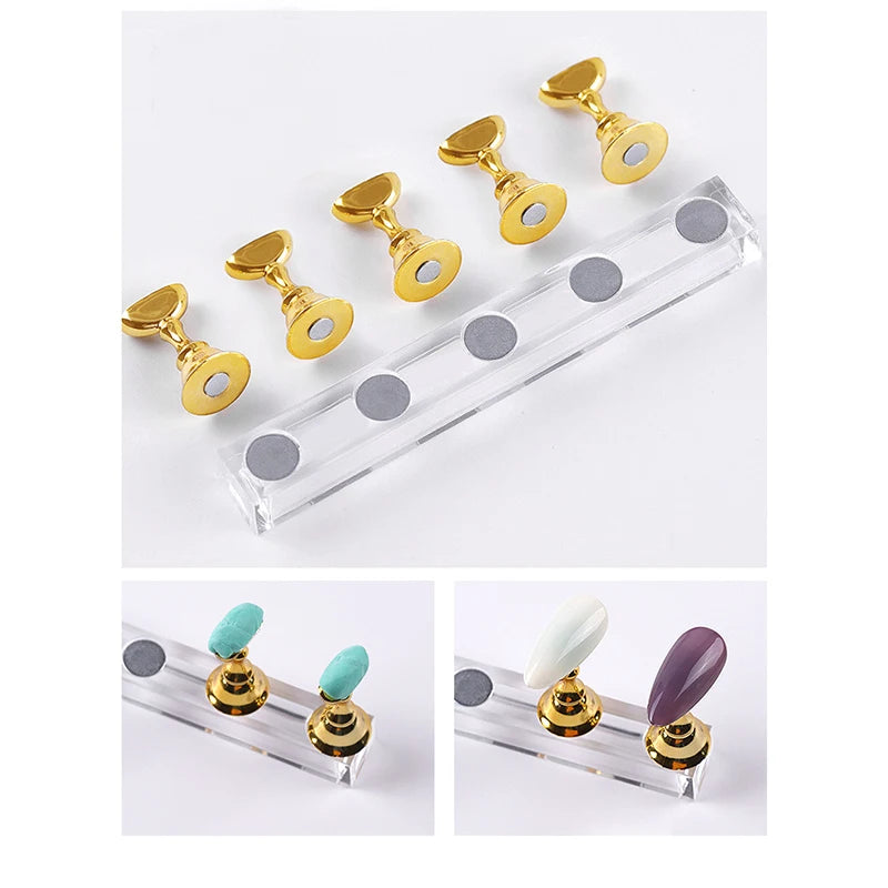 Magnetic Nail Holder False Nail Tip Practice Stand 5pcs/Set Crystal Base Holder Display for Nail Salon or DIY & Practice at Home