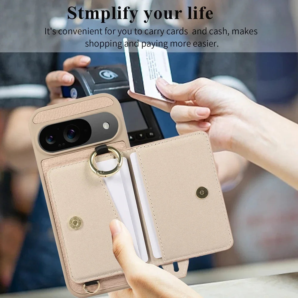 Exquisite Crossbody Leather Wallet Case for Google Pixel 9 8 Pro 8a 7a Models Ring Holder with Wrist Strap Shockproof Phone Case Cover Shell