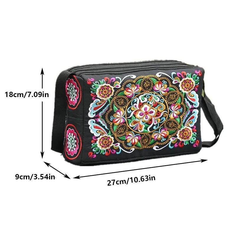 Embroidered Flowers Women's Nylon Crossbody Handbag Purse Ladies Large Capacity Travel Shoulder Bags