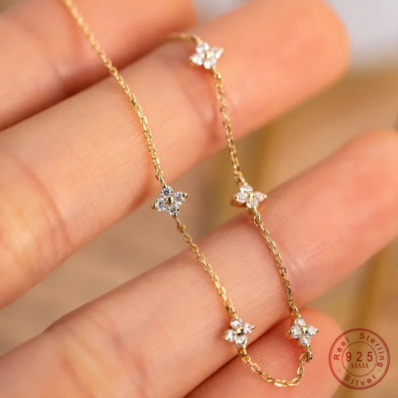 Dainty Crystal Flower 925 Sterling Silver 18k Gold Plated Bracelets for Women Minimalist Style Exquisite Jewelry Accessories