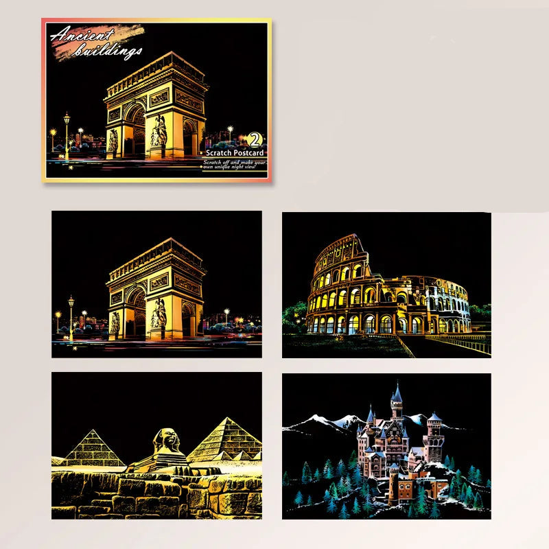 Children's DIY Night Scene Art Scratch Painting Postcards Toys City Building Landscape Kids Educational Toys Room Decor Gift 4Pcs