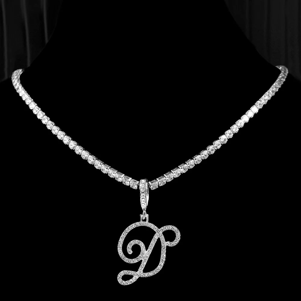 Elegant Sparkling Cursive Initial Name Letters Silver Gold Color Pendant Necklace Zircon Bling Alphabet Jewelry