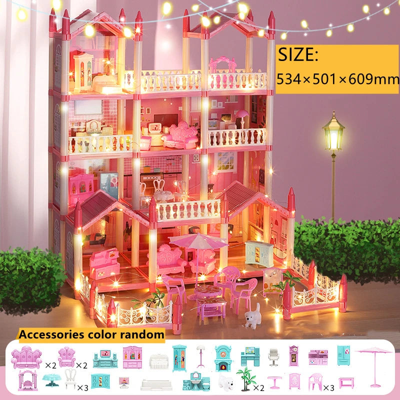 Beautiful Miniature Model Doll House Princess Castle with LED Lights Accessories Girl Birthday Gift Toy Villa House 3D Assembly DIY