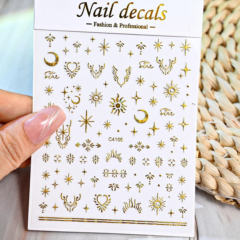 Star Sun Moon 3D Nail Stickers Bronzing Nail Art Gold Silver Styles Decal Self-Adhesive Slider