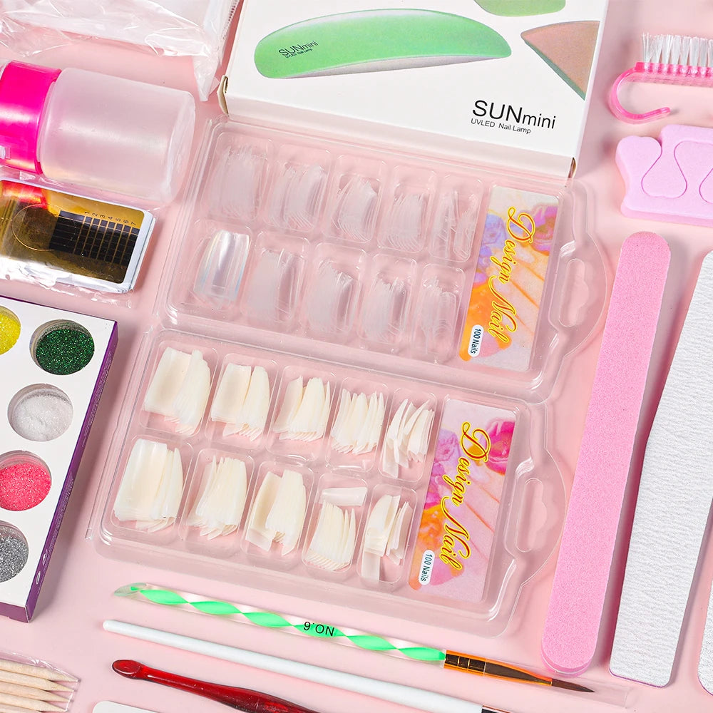 Full Nail Set Acrylic Powder and Liquid Monomer Nails Art Decoration for Manicure Crystal Glitter 3D Nail Tips and Carving Tools Kit