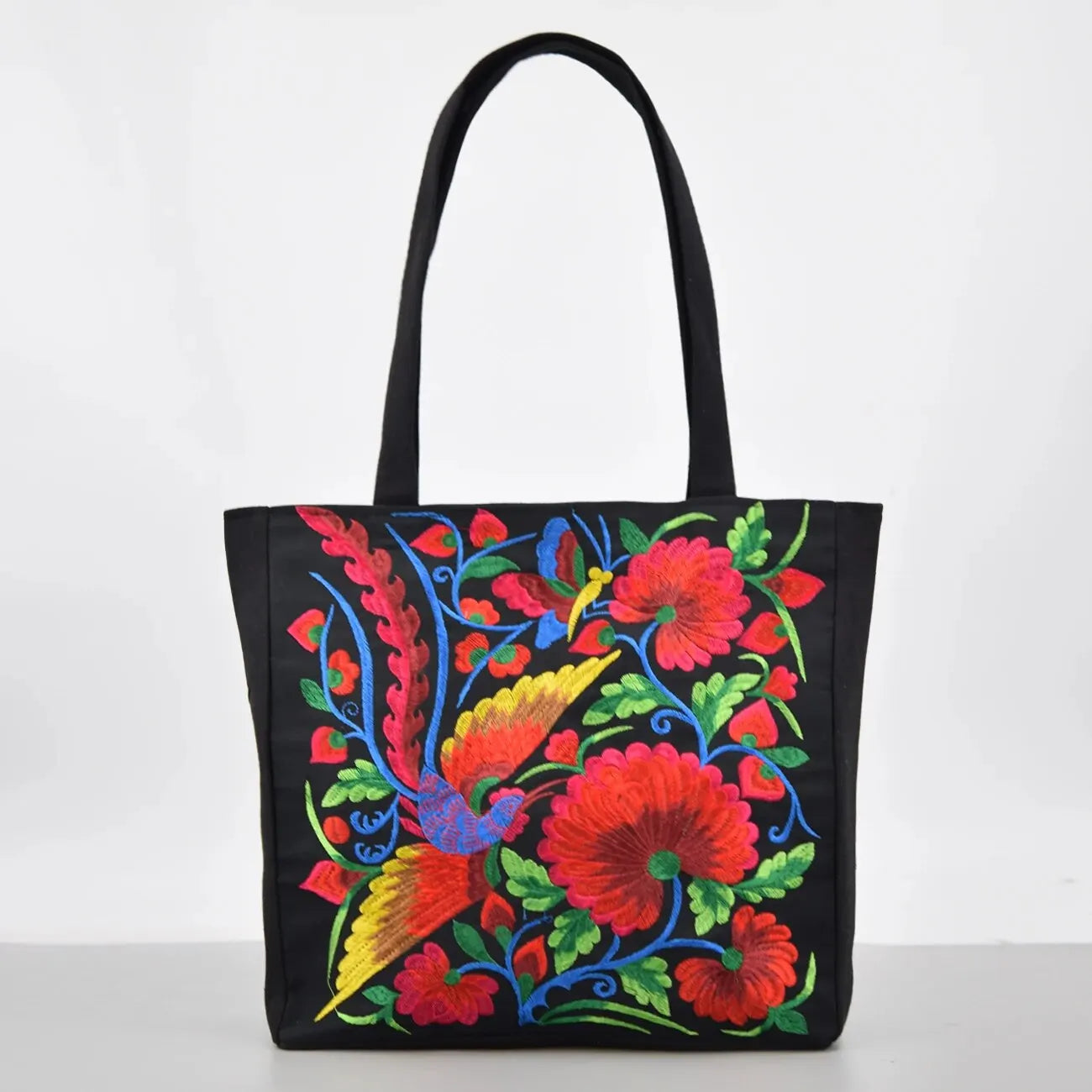Elegant Flower Embroidery Canvas Tote Shoulder Bag Large Capacity Handbag For Women