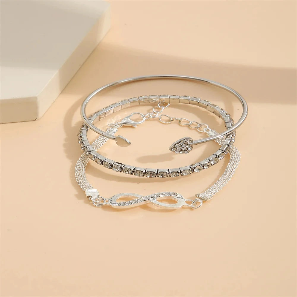 Infinity Heart Set Crystal Rhinestone Bracelets for Women Fashion Silver Gold Color Geometric Adjustable Cuff Bangle Jewelry