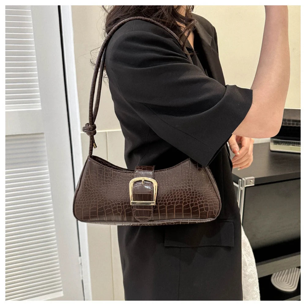 Modern French Fashion Leather Women's Shoulder Baguette Handbag Alligator Pattern Texture Popular Underarm Purse Bag