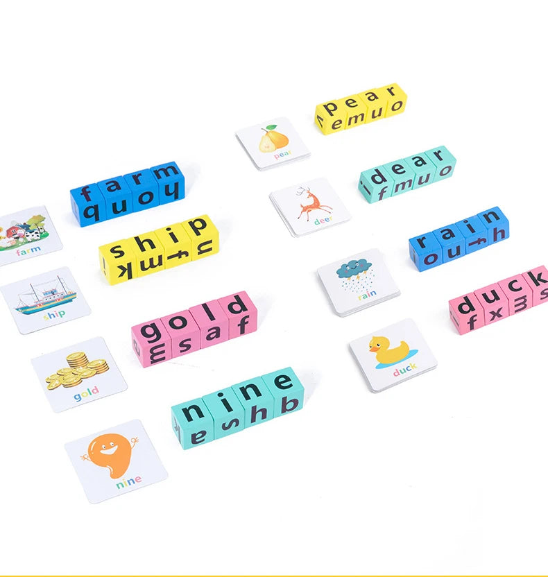 Exciting Word Alphabet Learning Spelling Game Toy for Preschool Boys and Girls, Letters Reading Wooden Building Blocks with 40 Cards
