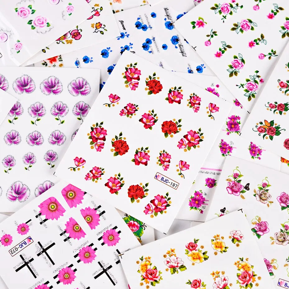 Flowers Collection Lace Water Nail Stickers Set for Manicure Pedicure Glitter Charms Floral Nail Art Transfer Decals Slider Decorations 55 Cards