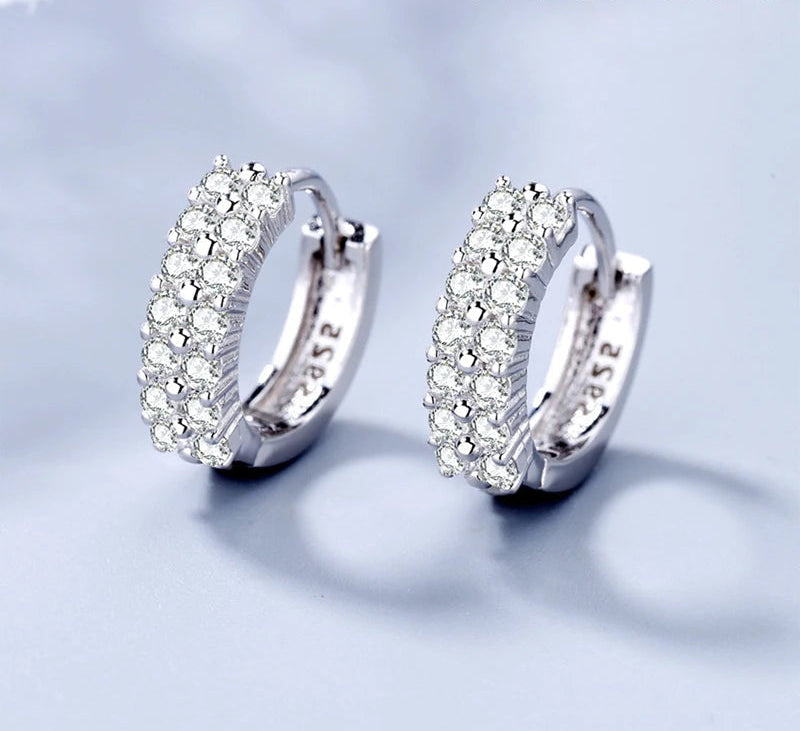 Women's Elegant Double Row Crystal 925 Sterling Silver Earrings Fashion High Quality Jewelry Accessories