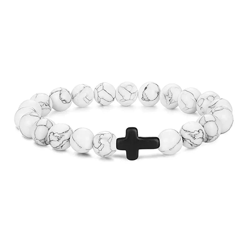 Rosary Cross Natural Stone Wood Beads Hematite Bracelets Prayer Meditation Bracelet for Men Women Yoga Jewelry