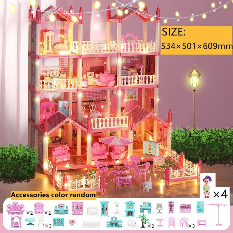 Beautiful Miniature Model Doll House Princess Castle with LED Lights Accessories Girl Birthday Gift Toy Villa House 3D Assembly DIY