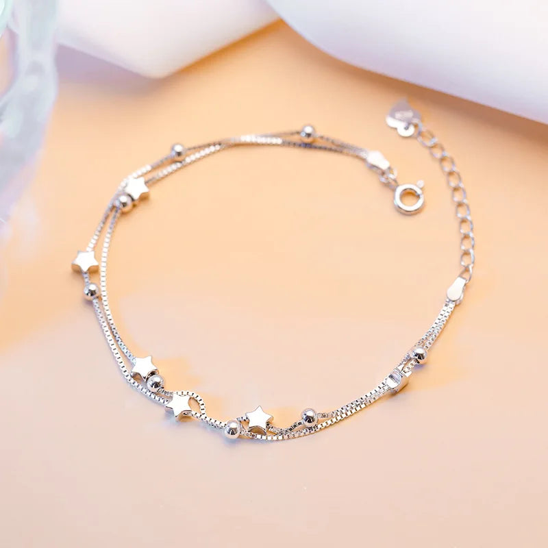 Elegant Multi Strand Stars Beads 925 Sterling Silver Bracelets for Women Adjustable Jewelry Accessories