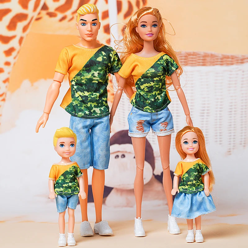 Family Doll Toy Set of 4 People Mom Dad Kids Dress Up Doll Kids Toys Full Set With Clothes for Girl Boy Education Birthday Gift 30cm