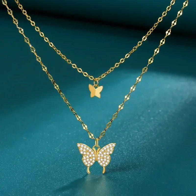Elegant Butterfly 925 Sterling Silver Crystals Pendant Necklaces for Women Girls Chain Jewelry Accessories