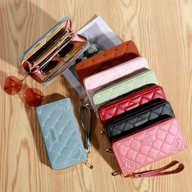 Exquisite Embroidered Women's Leather Clutch Wallet Card Mobile Phone Holder Zipper Handbag Fashion Accessory
