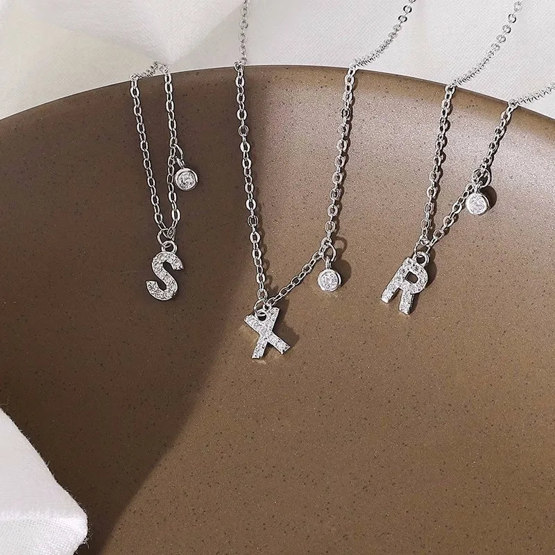 Elegant Crystal Initials Letter 925 Sterling Silver Chain Necklaces for Women Shiny Pendant Collar Jewelry Accessories