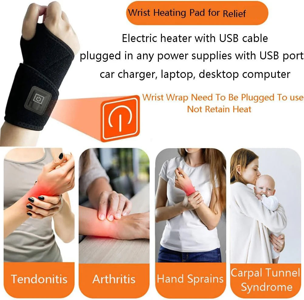 USB Electric Heating Wrist Vibration Strap Massager Three Gear Hot Compress Wrist Support Brace to Relieve Tendonitis