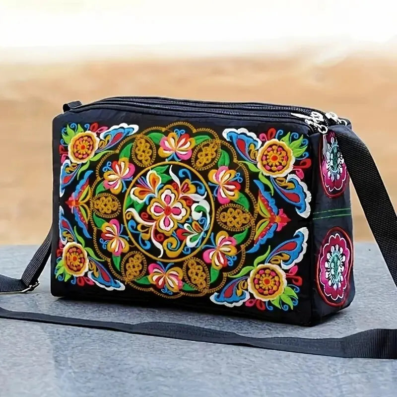 Embroidered Flowers Women's Nylon Crossbody Handbag Purse Ladies Large Capacity Travel Shoulder Bags