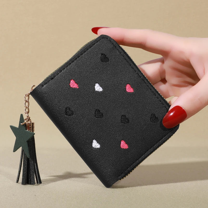 Mini Tassel Embroidered Women's Cute Clutch Wallet Short Style Zipper Hearts Star PU Leather Coin Purse Ladies Clutch Hand Wallet