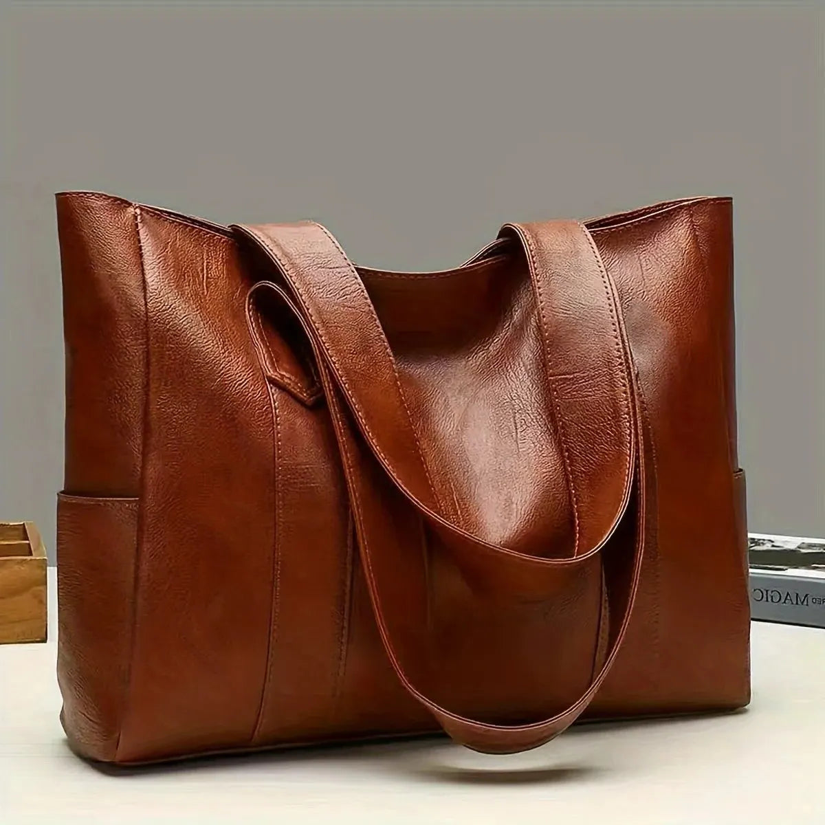 Vintage Retro Vegan Leather Large Capacity Square Tote Shoulder Bag Women's Casual Purse