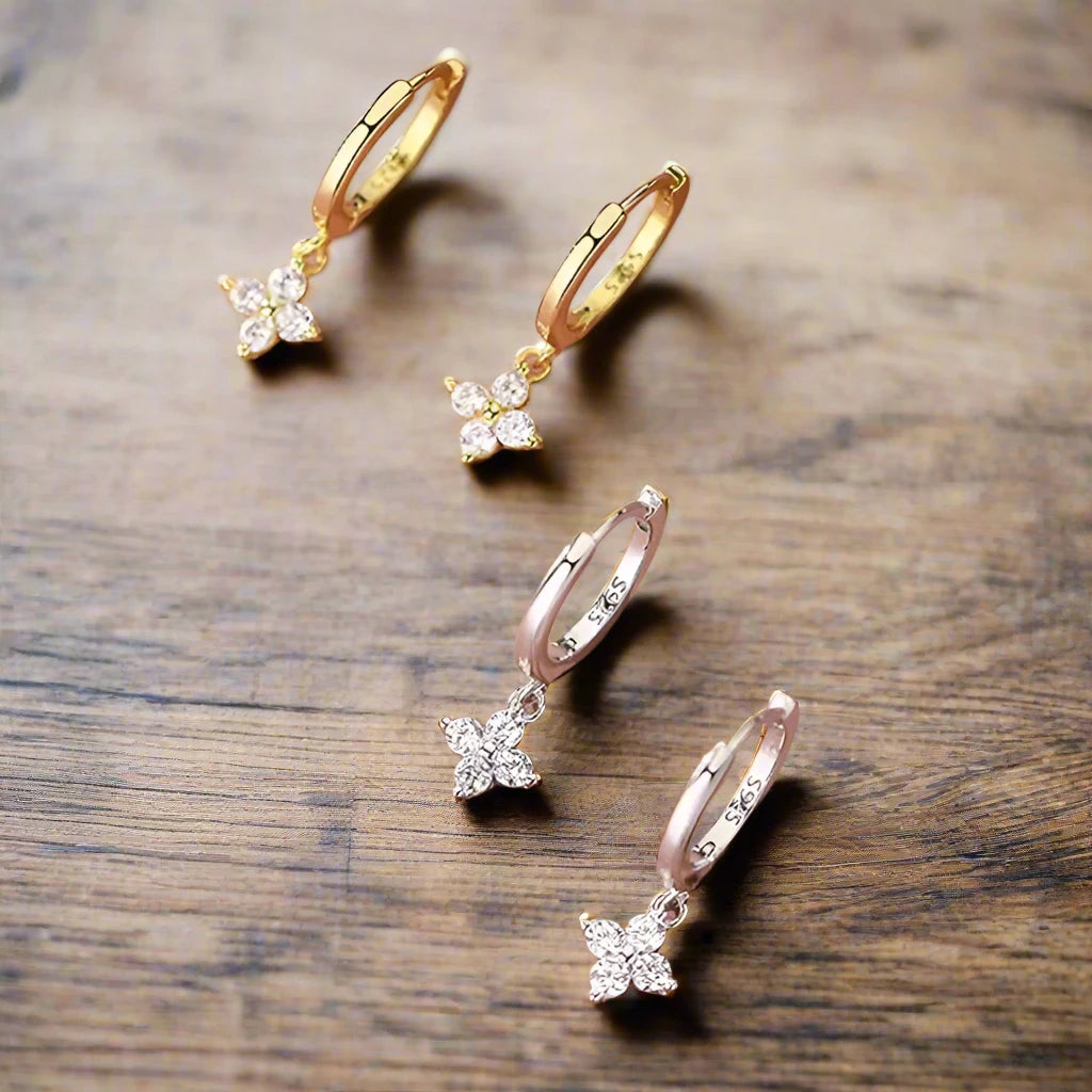 Four Leaf Flower 925 Sterling Silver Crystal Hoop Earrings for Women Girls Fashion Silver Gold Color Huggies Elegant Jewelry