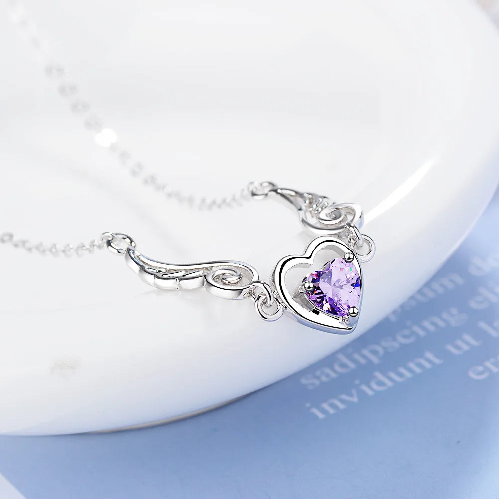 Trendy Purple Crystal Heart Angel Wings 925 Sterling Silver Pendant Necklaces for Women Jewelry Accessories