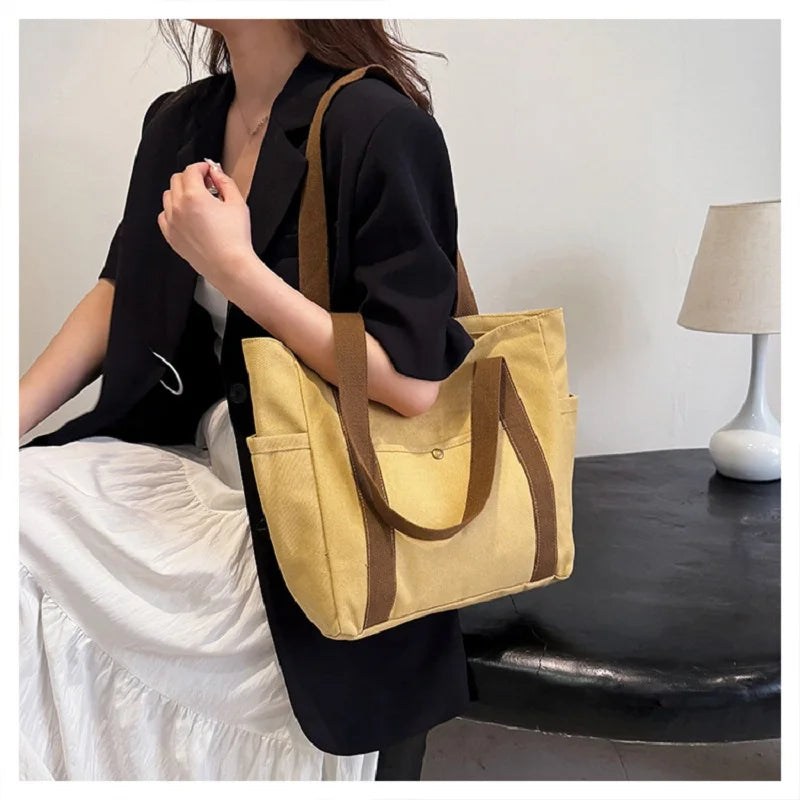 Versatile Canvas Shoulder Tote Bag Unisex Large Capacity Messenger Handbag Casual Student Commuting Zipper Square Bag