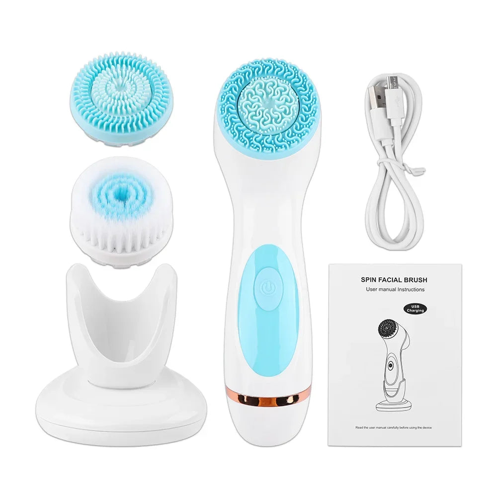 Ultrasonic 3 In 1 Electric Facial Cleansing Brush Face Massager Rotating Deep Cleaning Tool