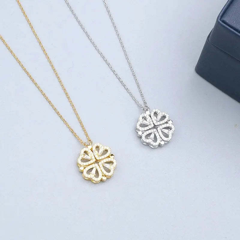 Elegant Dual Wear Magnet Crystal Four Hearts Clover Flower Pendant Necklace for Women Stainless Steel Neck Chain Jewelry Accessories