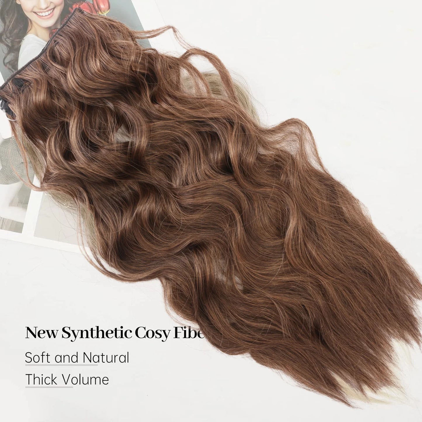 Black Halo Hair Extensions with Invisible Wire Adjustable Size 22inches No Clip Long Synthetic Wavy Curly Hairpieces for Women