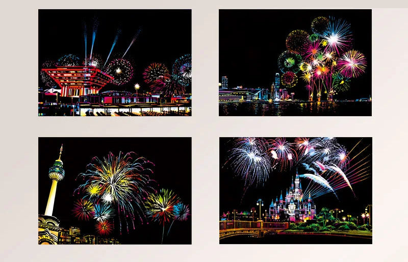 Children's DIY Night Scene Art Scratch Painting Postcards Toys City Building Landscape Kids Educational Toys Room Decor Gift 4Pcs