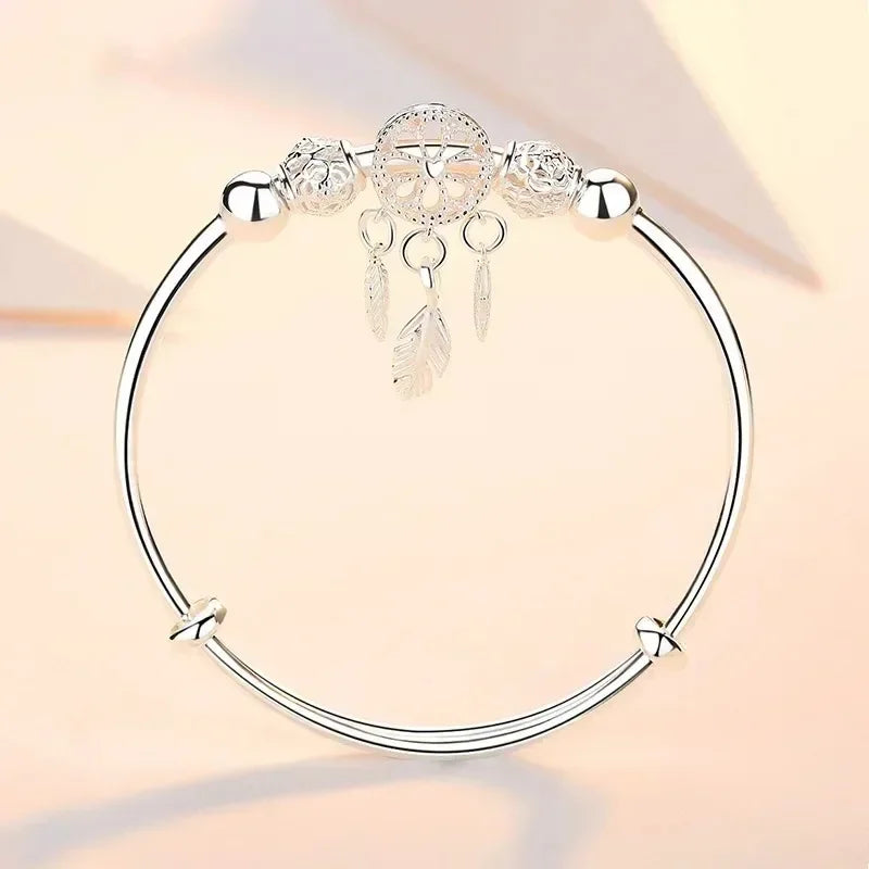 Modern Luxury Tassel Feather Dream Catcher 925 Sterling Silver Bracelets for Women Bangle Adjustable Charm Jewelry Accessories