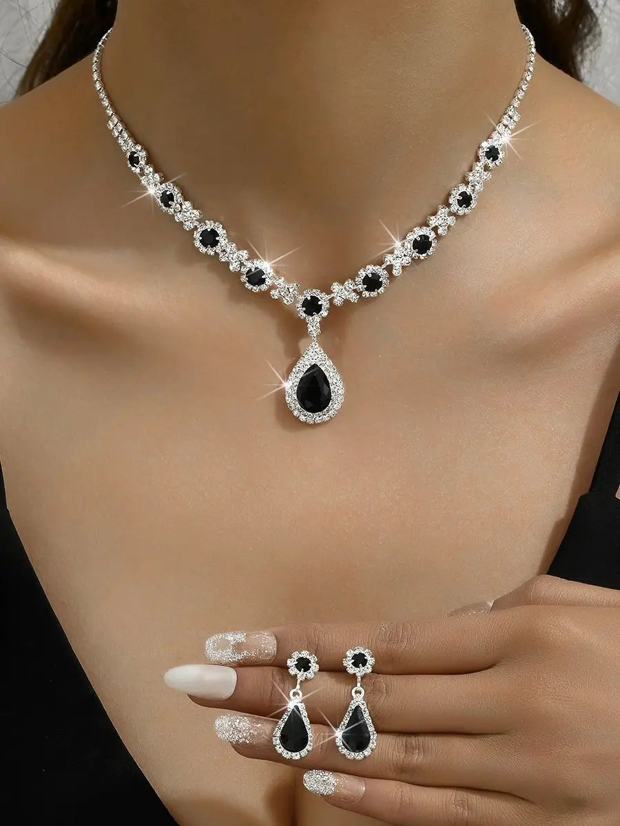 Crystal Droplet Necklace and Earrings Set 3pcs Women's Bridal Wedding Evening Dress Jewelry Accessories