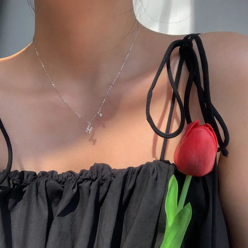 Elegant Crystal Initials Letter 925 Sterling Silver Chain Necklaces for Women Shiny Pendant Collar Jewelry Accessories