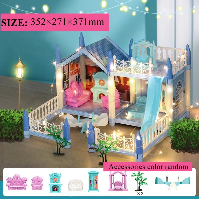 Beautiful Miniature Model Doll House Princess Castle with LED Lights Accessories Girl Birthday Gift Toy Villa House 3D Assembly DIY
