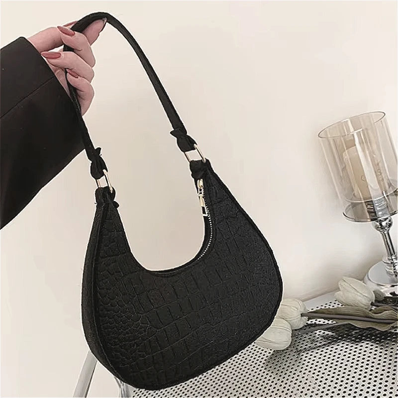 Women's Fashion Casual Felt Stone Pattern Shoulder Saddle Handbag Purse Underarm Crescent Messenger Bags