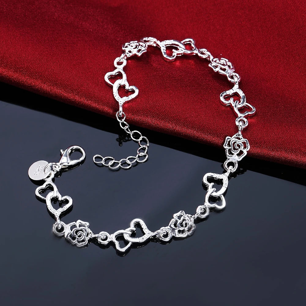 Exquisite Hearts and Flowers 925 Sterling Silver Bracelets for Women Fashion Fancy Jewelry Accessories