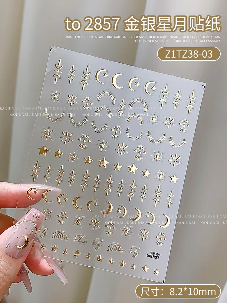 Star Sun Moon 3D Nail Stickers Bronzing Nail Art Gold Silver Styles Decal Self-Adhesive Slider