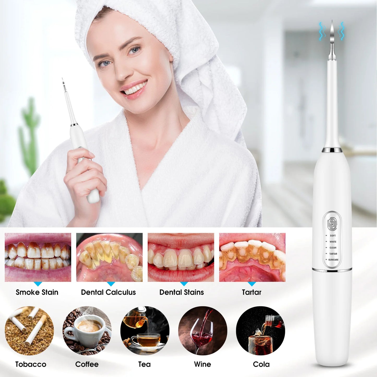 Electric Ultra Sonic Dental Teeth Care System Calculus Plaque Tartar Remover Irrigator Toothbrush with Multiple Heads Cleaning Device Whiter Cleaner Teeth