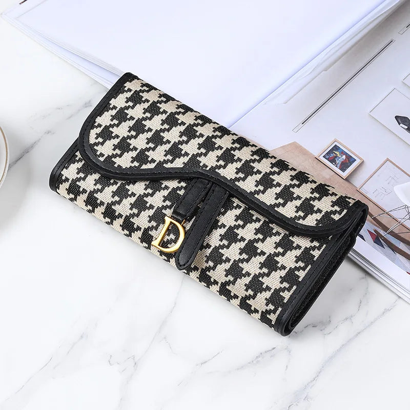 Fashion Classic Design Women's Trifold Long Style Wallet Large Capacity D-Buckle Multi Card Multi Functional Handheld Clutch Mini Purse